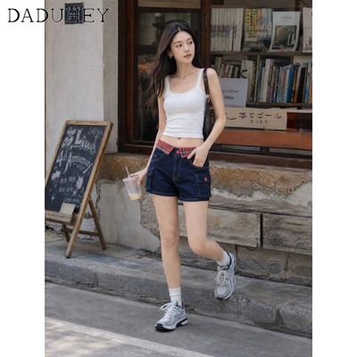 DaDuHey Cat Embroidery Stitching Shorts Women's Black and Red Plaid High Waist Slim Denim Shorts