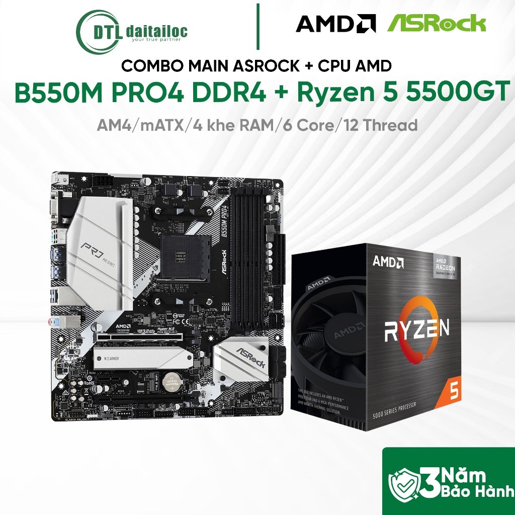 Combo MainBoard Asrock  B550M Pro4 DDR4 + Cpu Ryzen 5 5500GT  | Chính Hãng | Bảo Hành 36 Tháng