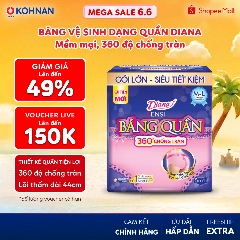 Băng vệ sinh dạng quần DIANA mềm mại, 360 độ chống tràn