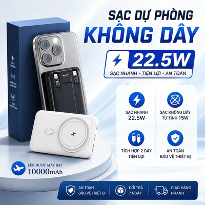 Sạc Dự Phòng Không Dây Từ Tính 10000mAh Sạc Nhanh 22,5W Pin Mini Hít Nam Châm Chắc Chất Lượng Tốt