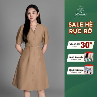 Đầm nữ HeraDG thiết kế dáng xoè xếp ly tay bồng, đai eo rời trẻ trung chất tuysi cao cấp SDPBD3100
