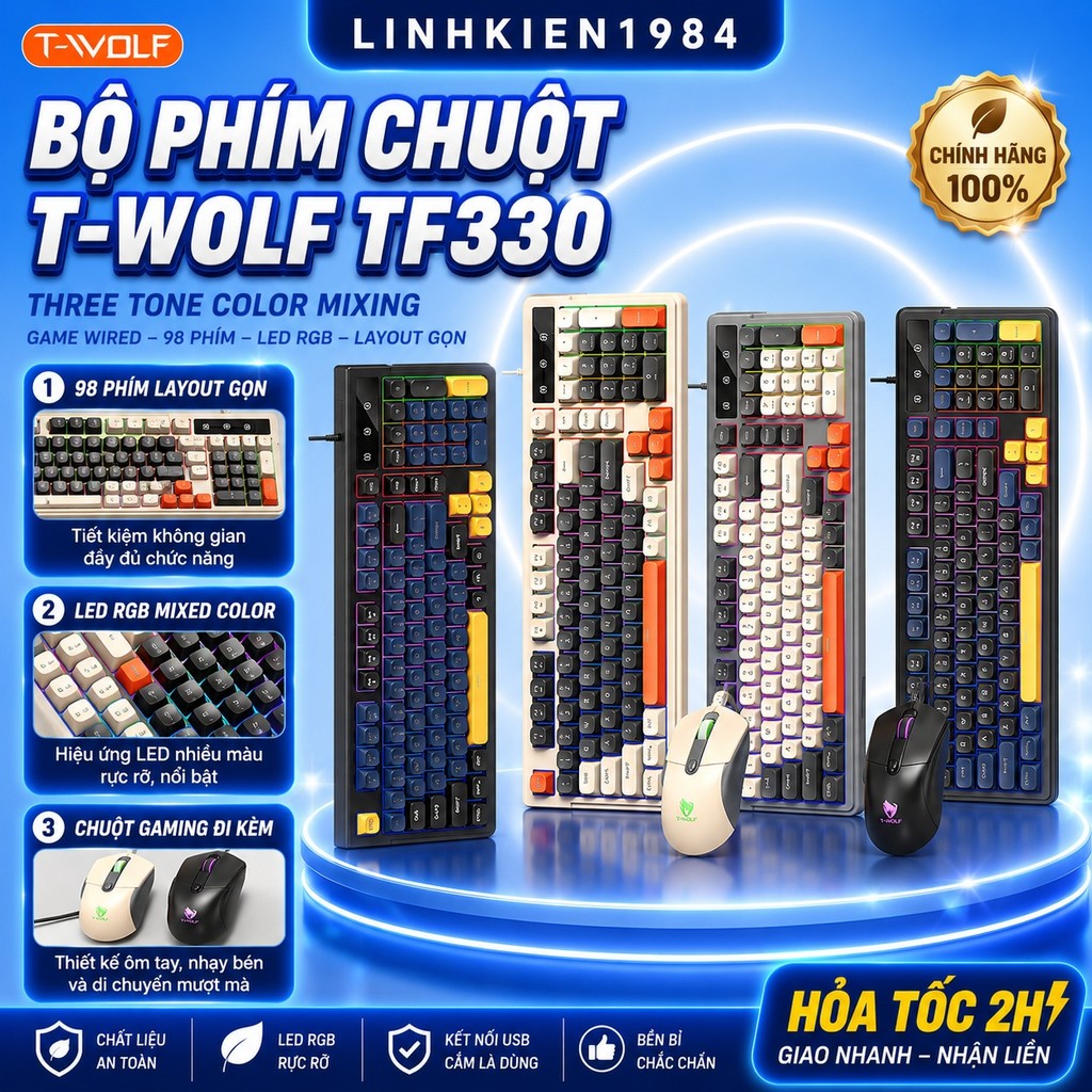 Combo Bàn Phím Chuột T-Wolf TF330 Gaming RGB 98 Key USB Giả Cơ LED Nhiều Màu
