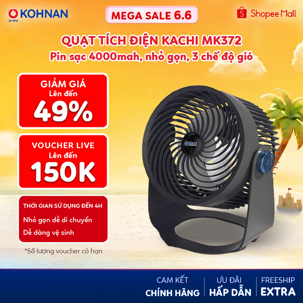Quạt tích điện KACHI MK372 pin sạc 4000mAH, nhỏ gọn, 3 chế độ gió
