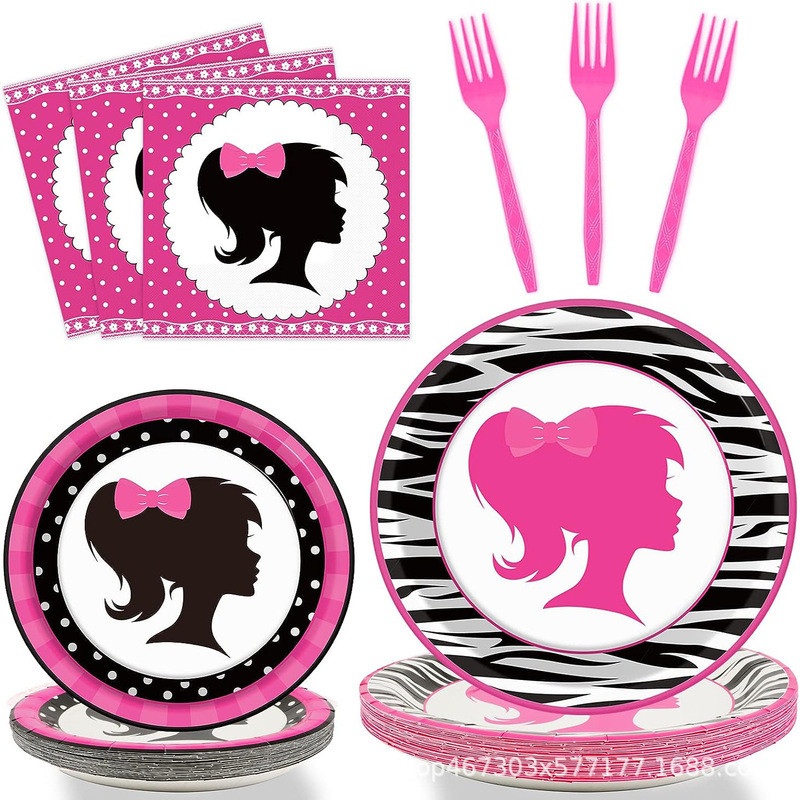 Phong Cách Mới Màu Hồng Barbie Công Chúa Chủ Đề Đảng Bộ Đồ Ăn Dùng Một Lần Khăn Giấy Đĩa Dao Nĩa Thì