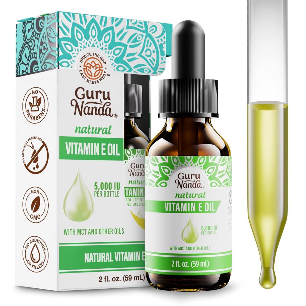 Dầu Vitamin E nguyên chất & tự nhiên GuruNanda cho da, mặt và móng tay, 5.000 IU với dầu D-Alpha Toc