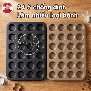 Khuôn cupcake mini 24 ô chống dính thép carbon dẫn nhiệt đều chắc chắn làm bánh trứng bánh quy bông