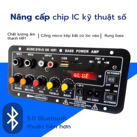 Bo mạch D10 khuyếch đại âm thanh, hát Karaoke Bluetooth, 12/24/220V đủ phụ kiện