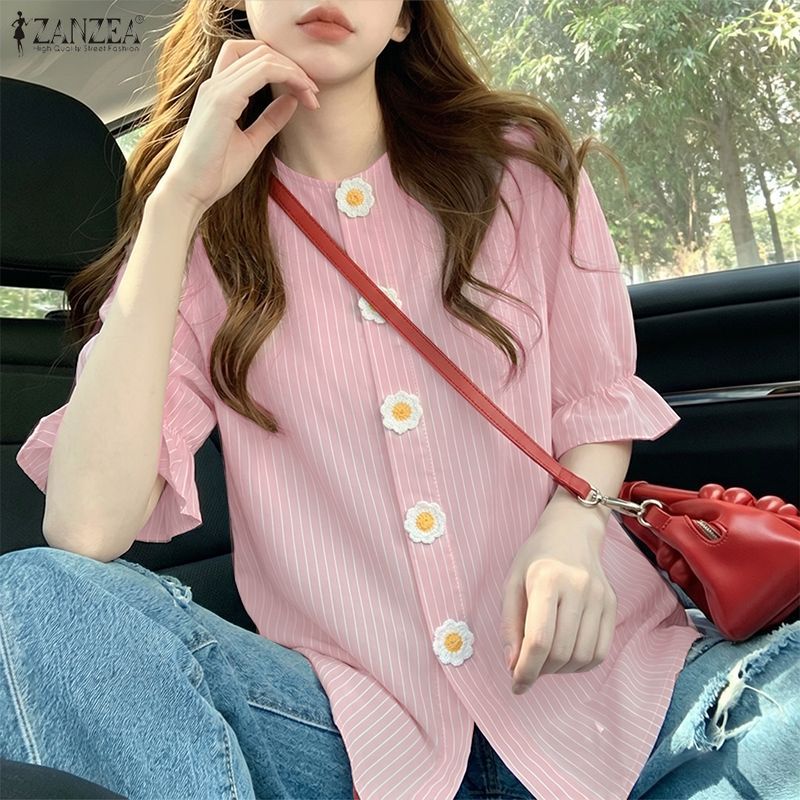 ZANZEA Nữ Hàn Quốc Sọc Màu Trơn 3D Hoa Cổ Tròn Tay Ngắn Rời H-Line Áo | BigBuy360 - bigbuy360.vn