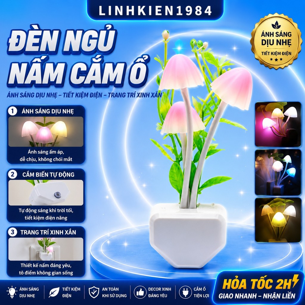 Đèn ngủ cảm ứng đổi màu hình 3 cây nấm ngũ sắc