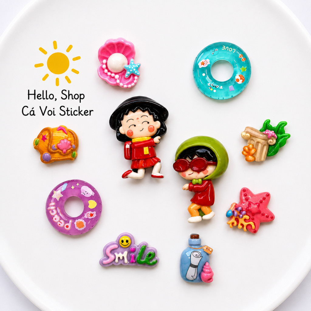 [ĐỘC QUYỀN] - Set Charm Maruko Biển Hè Pastel 🌊 Charm Dép DIY Bé Maruko, Phao Bơi Kawaii, Sao Biển R