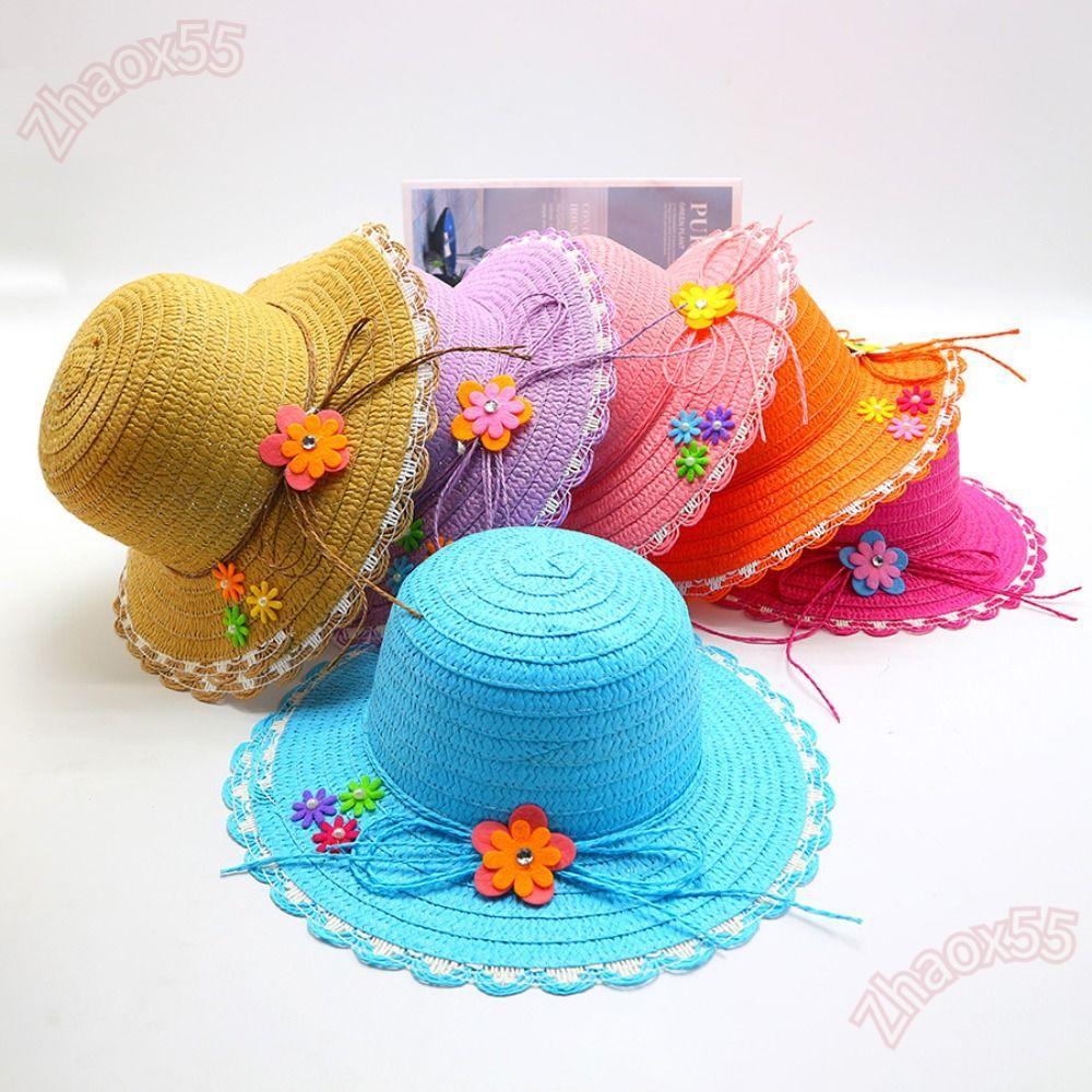 Mũ Rơm ZHAOX, Mũ Chống Nắng Trang Trí Hoa Handmade, Mũ Đi Biển Rộng 3-7Year Ngọt Ngào