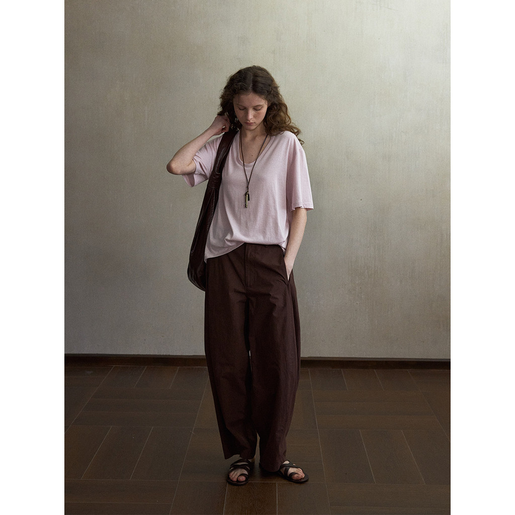 Tencel cotton-linen U Loose collar, slimming effect T Simple and versatile basic short-sleeve shirt 