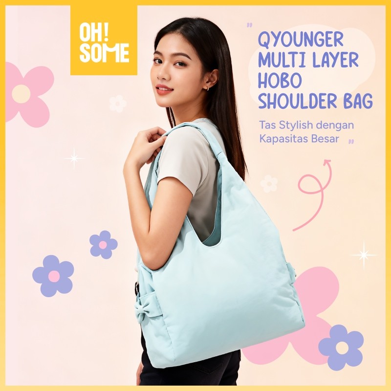 AE3 OHSOME - [MỚI] Túi đeo vai Ribbon Hobo Túi nhiều ngăn / dung tích lớn có khóa kéo / Túi xách thờ