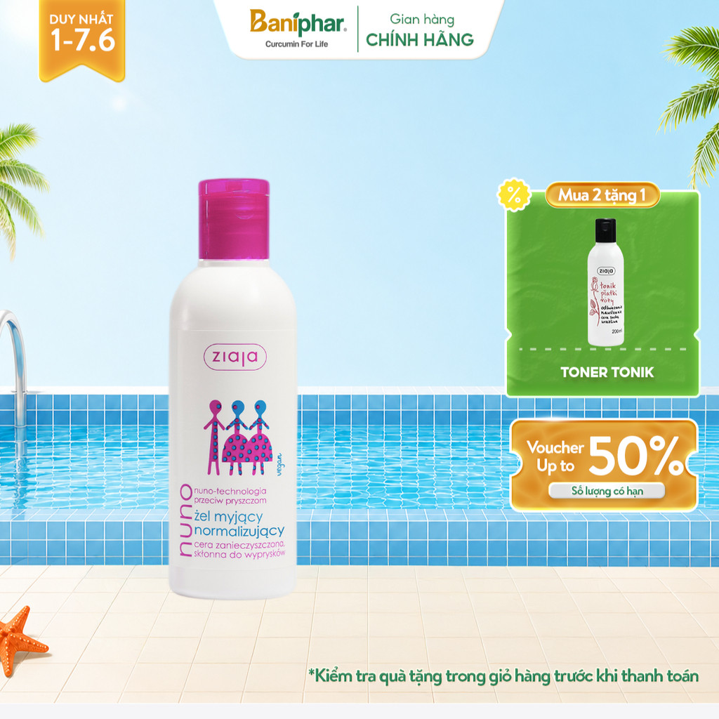 Sữa rửa mặt dạng gel ngừa mụn Ziaja Nuno cho da dầu và da hỗn hợp, không gây kích ứng 200ml