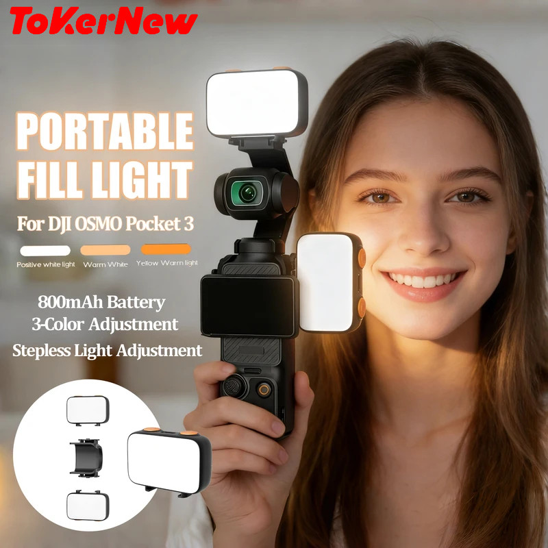 ToKerNew For DJI Osmo Pocket 3 Mini Led Light Fill Light 3 Modes Adjustable Video Selfie Light Recha