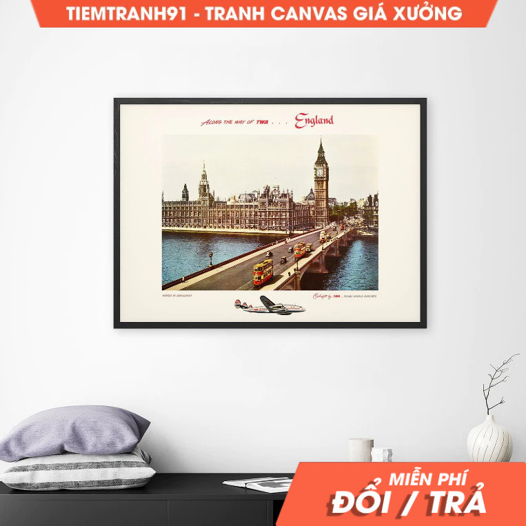 Tranh treo tường, London 1950 Poster - Vintage Travel England Wall Decor - Houses of Parliament Art 