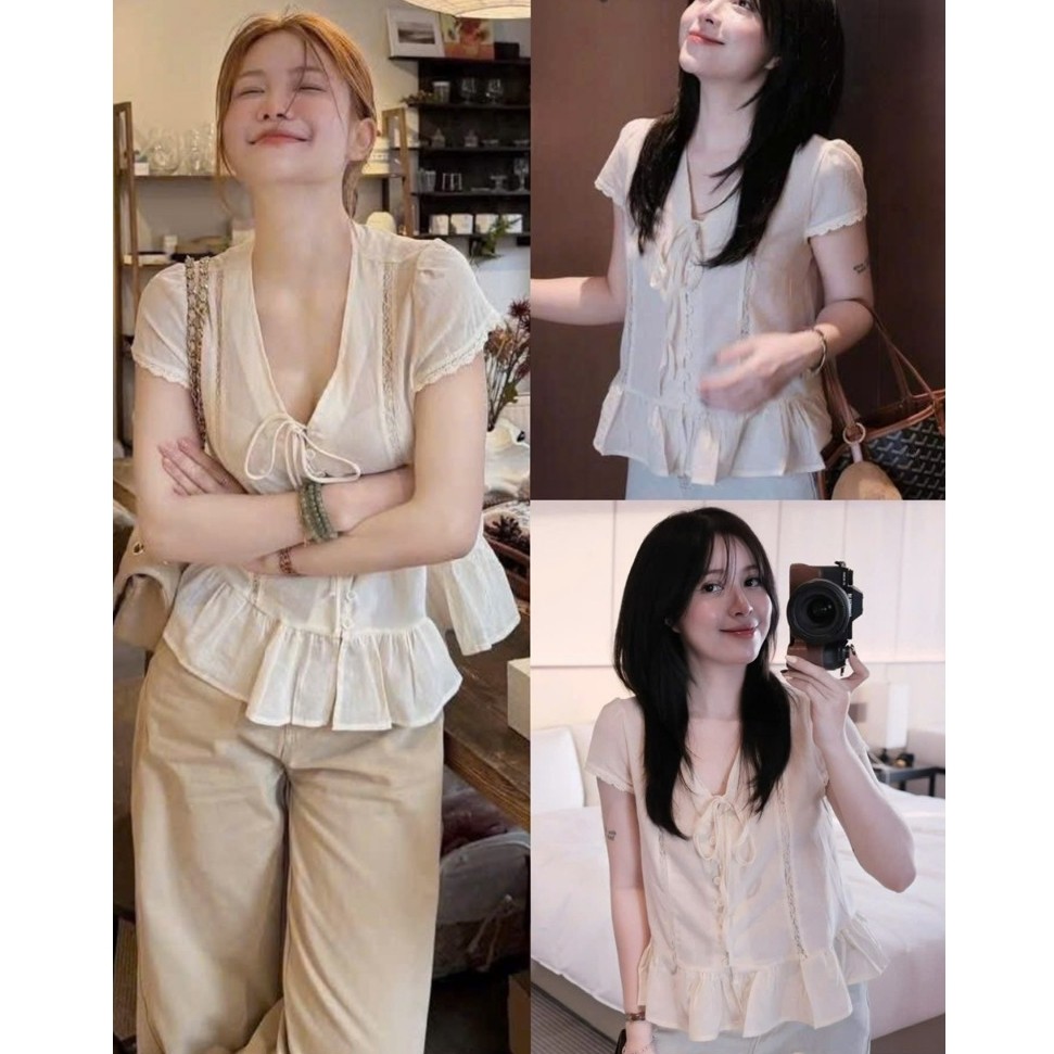 (MÃ 31046) ÁO SƠ MI CỔ V BUỘC NƠ VIỀN BÈO VẢI ĐŨI MỀM ÁO SƠ MI KIỂU DÁNG XINH - DÀNH CHO NỮ | BigBuy360 - bigbuy360.vn