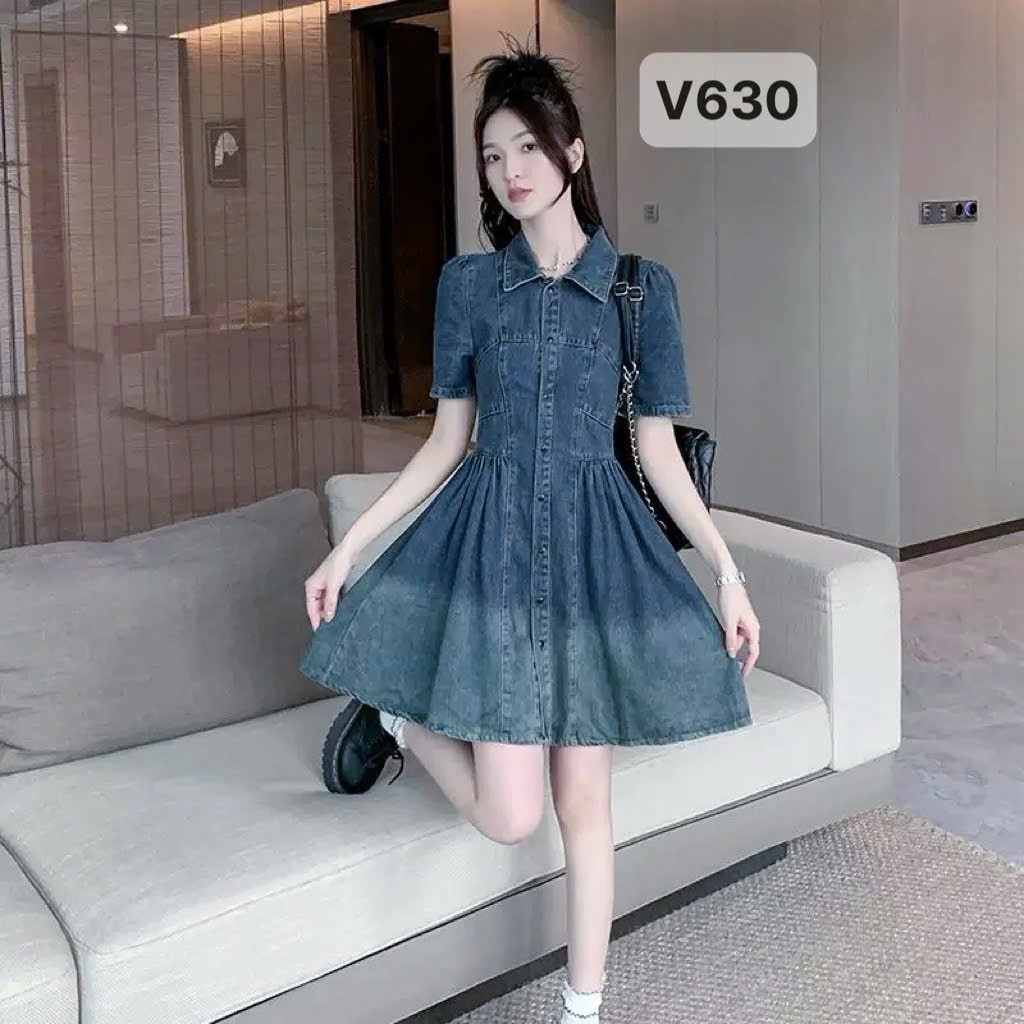 V630 đầm bò gân ngang tùng eo dài 90cm