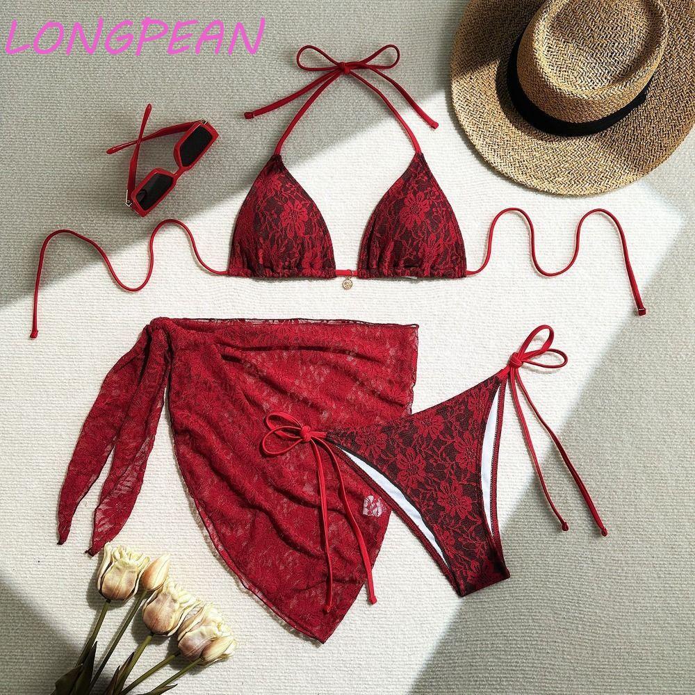 LONGPEAN Bộ Bikini Brazil Gợi Cảm, Lưới Dây Ba Mảnh Đồ Bơi, Váy Bơi Nylon Ren Đỏ Bikini Mặc Ngày Lễ