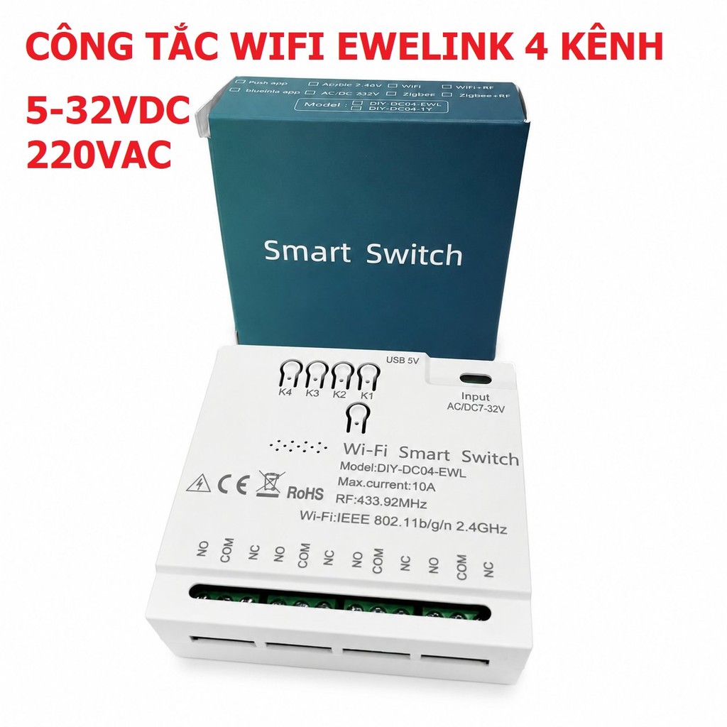 [EWELINK 4CH] Công tắc điều khiển từ xa thông minh 4 kênh 5-32V 220V qua Wi-Fi app Ewelink, có học l