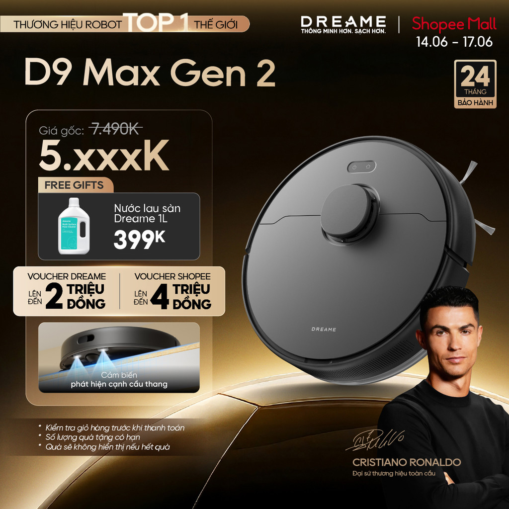 Dreame D9 Max Gen 2 - Robot Hút Bụi Lau Nhà Thông Minh, Lực Hút 6000Pa, Kích Thước 350x350x96.8mm