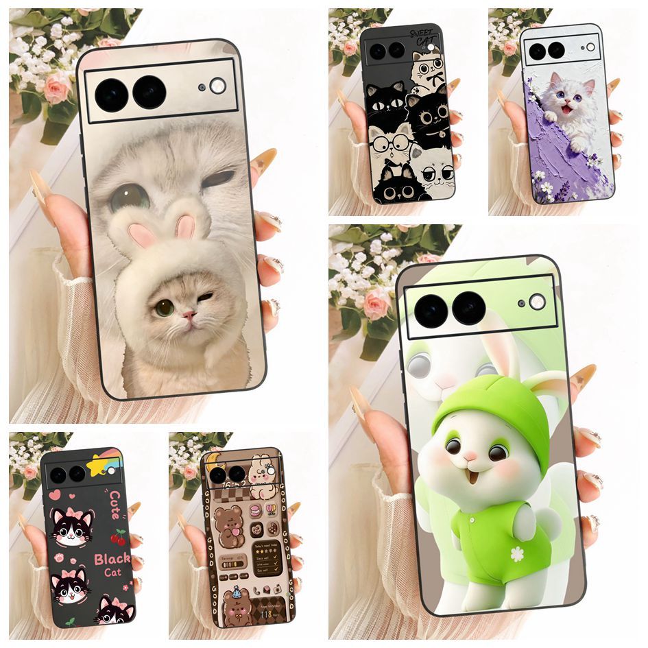 Dành Cho Google Pixel 7 Ốp Lưng Thiết Kế Mới Thỏ Mèo Hoạt Hình Silicon Mềm Màu Đen Chống Sốc Cho Goo