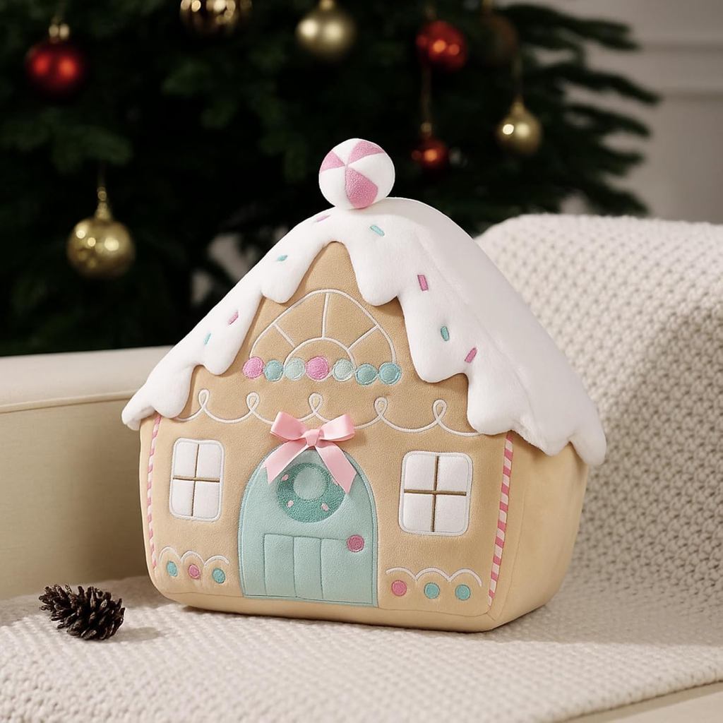 VitalCozy Pink Gingerbread House Gối Giáng Sinh Vui Vẻ, Lông Thỏ Giả Sang Trọng Mái Thêu Sherpa Ging