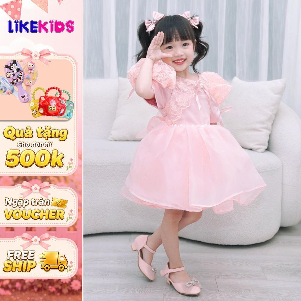 Đầm công chúa tay bồng ren phối lưới tôn dáng yêu kiều, pastel dễ thương F47 – LikeKids