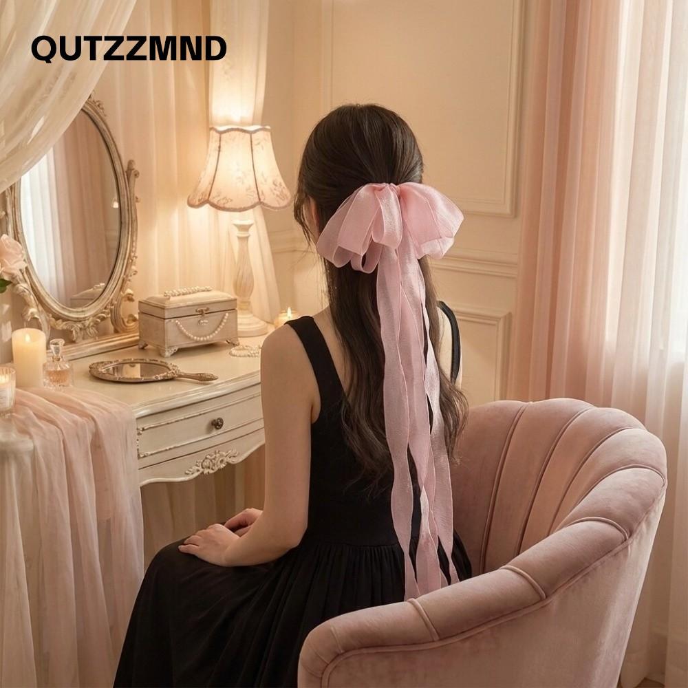 QUTZZMND Barrette, Kẹp Tóc Nơ Lưới Vintage, Phụ Kiện Tóc Quá Khổ Lưới Dài Ruy Băng Barrette Top Kẹp 