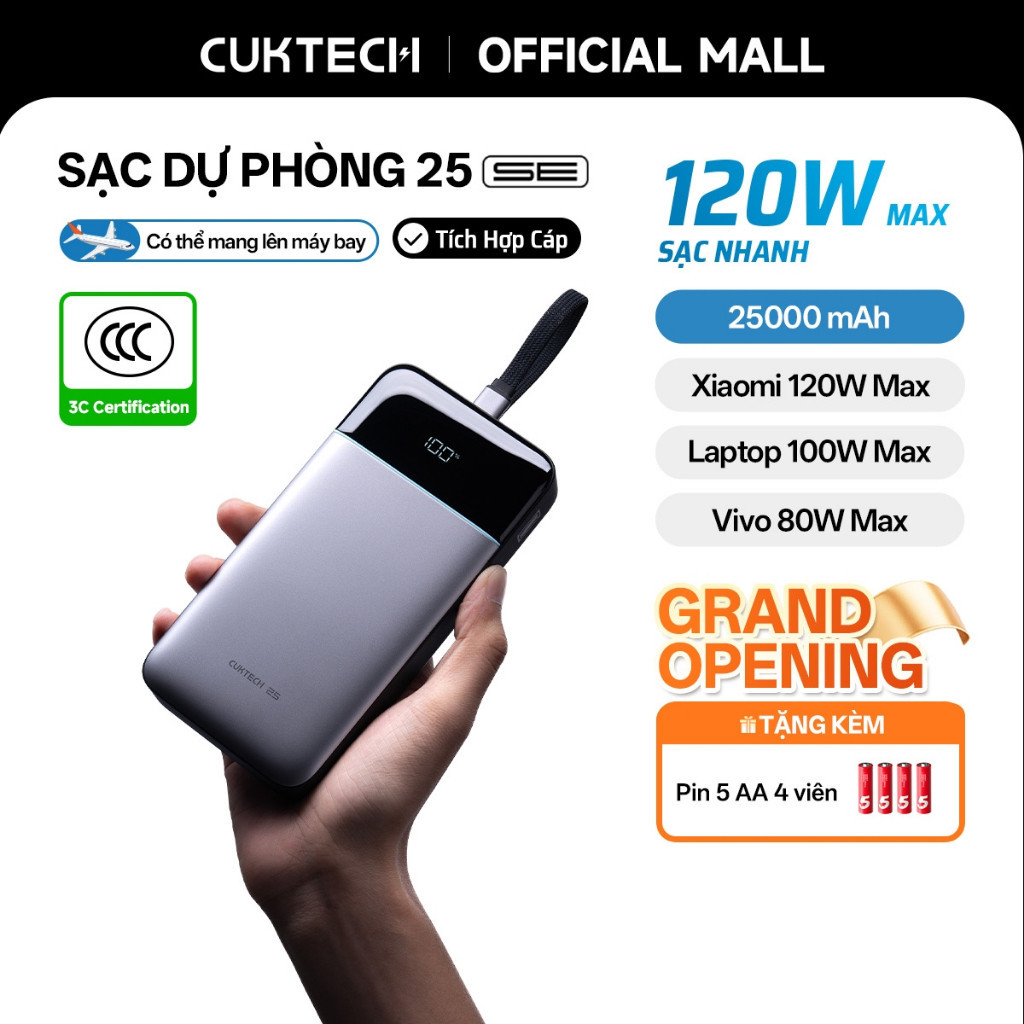 CUKTECH 120W 25000mAh Sạc Nhanh Công Suất Cao Pin Dự Phòng – Hỗ Trợ Xiaomi 120W Laptop 100W Samsung 