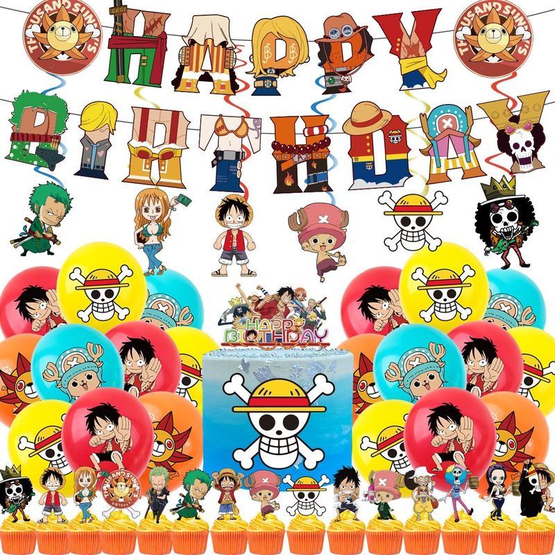 One Piece Chủ Đề Tiệc Sinh Nhật Treo Cờ Trang Trí Tiếp Liệu Luffy Anime Bánh Xoắn Ốc Kéo Cờ Bóng Bộ 