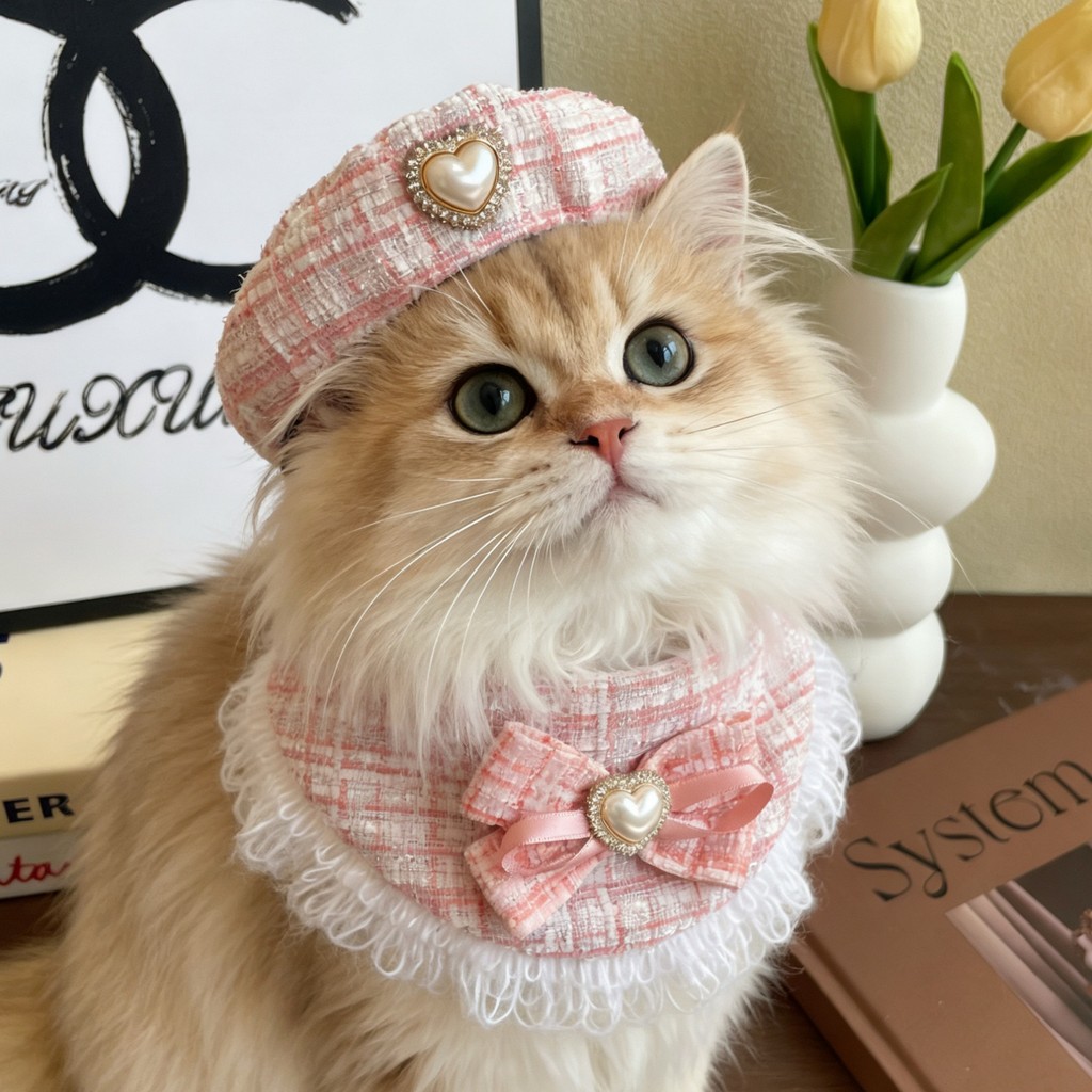 Pawsfun Pet Chanel Fur Edge Collar Dog Cat Bow Bib Hat Set