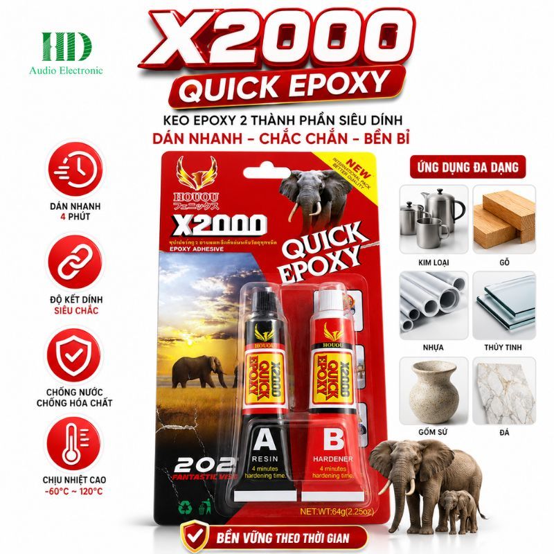 Keo AB Thái X2000 Quick Epoxy 64G - Keo AB Thái 2 Thành Phần Siêu Dính, Khô Nhanh 4 Phút