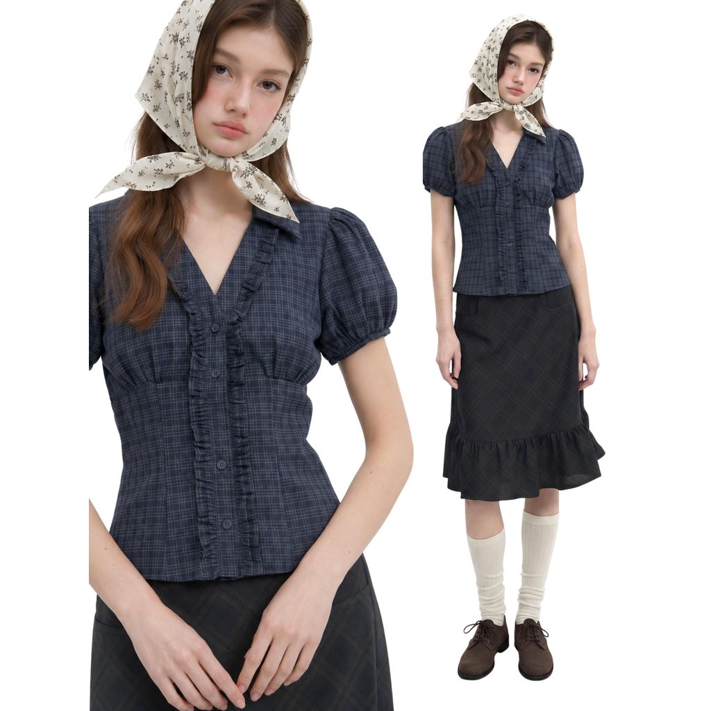 THE L STUDIOS - Áo Sơ Mi Nữ Shoujo Girl Cổ V Bèo 2 Bên, Tay Phồng, Style Nhật