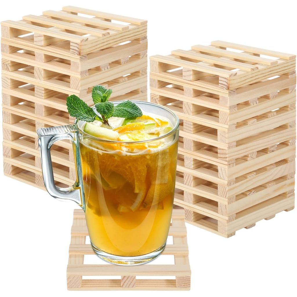 18 CÁI Pallet Gỗ Mini, Bộ Coaster Pallet Gỗ Tự Nhiên, Đế Lót Ly Uống Vuông Mộc Mạc 4 Inch, Đế Lót Ly