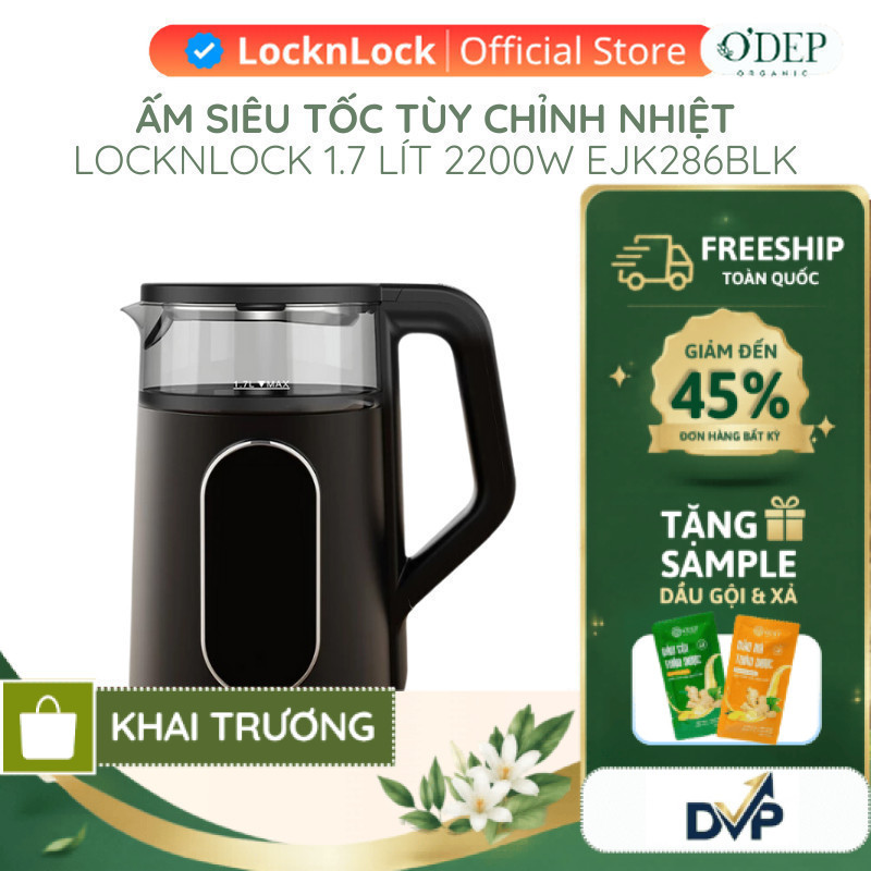 Ấm đun siêu tốc LocknLock Digital Electric Kettle 1.7L - Màu đen EJK286BLK 5 chế độ nhiệt, giữ ấm 2 