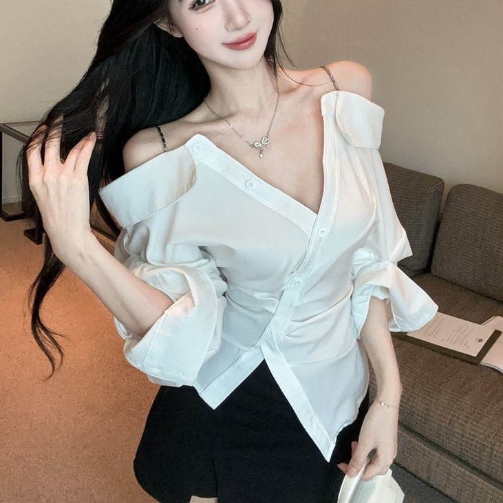 Kii Wii Áo sơ mi dài tay cổ chữ V lệch vai, phù hợp mùa hè 260414 | BigBuy360 - bigbuy360.vn