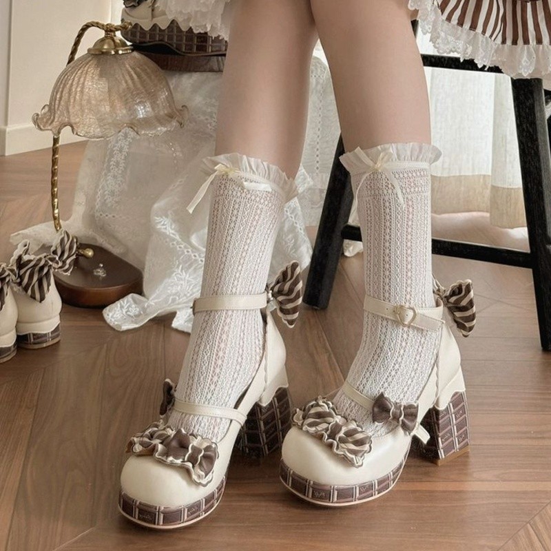 🍒 Giày cao gót sô cô la Mary Jane 🍒 Giày mũi tròn lolita ngọt ngào Gothic Bow h530
