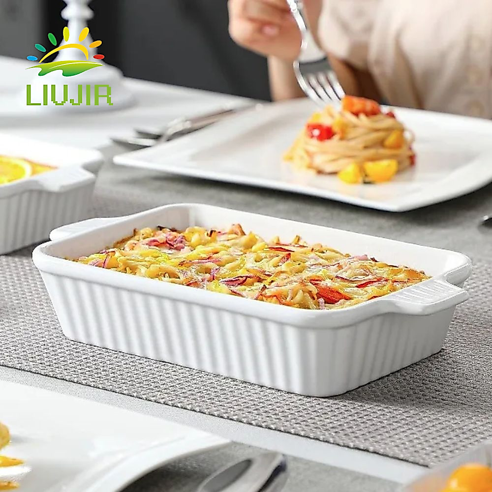 Đĩa nướng LIUJIR, Khay nướng gốm sứ sâu hình chữ nhật, họa tiết sọc bền có tay cầm Gà nướng Lasagna 