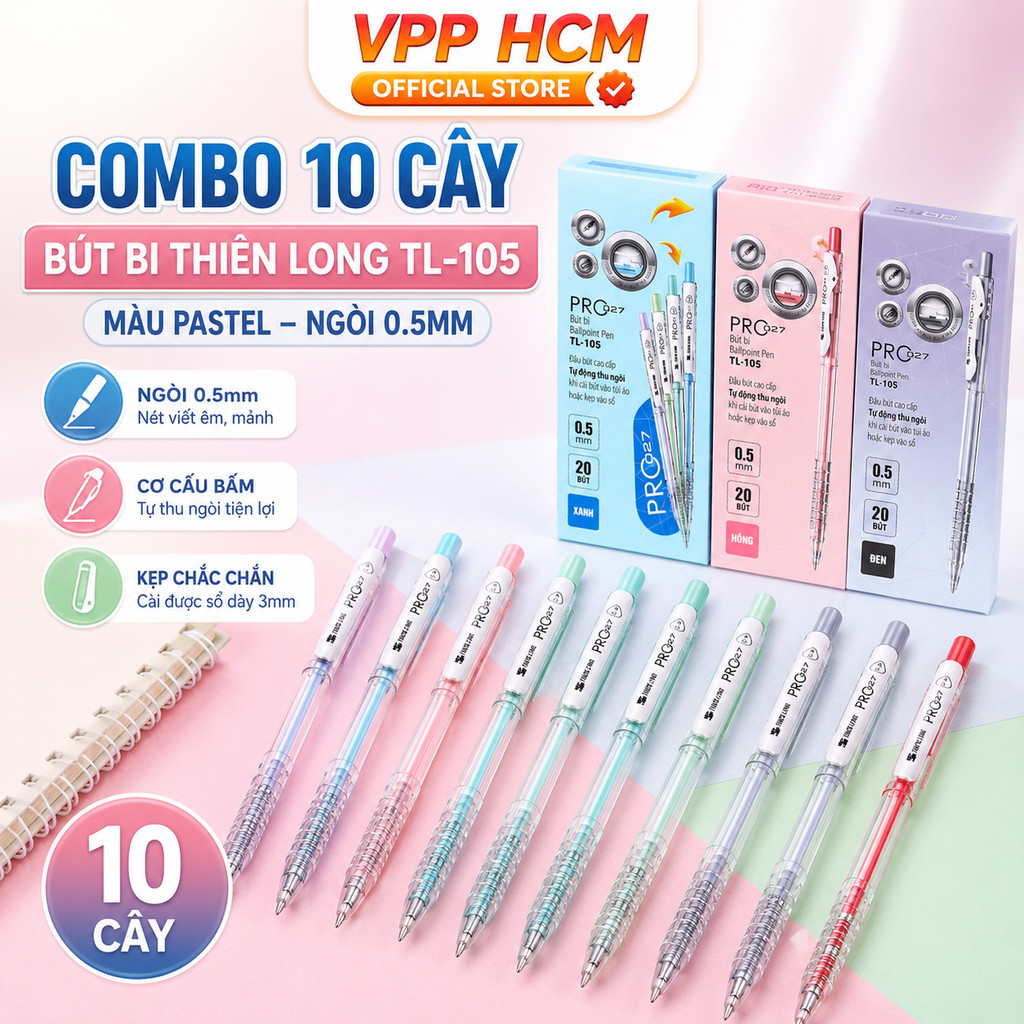 Combo 10 Bút Bi Thiên Long TL-105 Pro 027 Ngòi 0.5mm – Bút Bấm Thân Màu Pastel Thu Ngòi Thông Minh