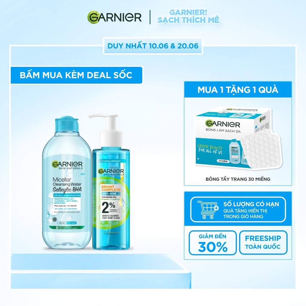 Bộ đôi Gel rửa mặt dịu nhẹ 2% [BHA, Vitamin C] & Nước tẩy trang BHA Garnier Bright Complete Anti-Acn