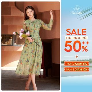 Đầm dài tay dáng xòe nhún chân HeraDG thiết kế eo tạo croset thon gọn tôn dáng họa tiết hoa mộc lan độc quyền WDPBB6032
