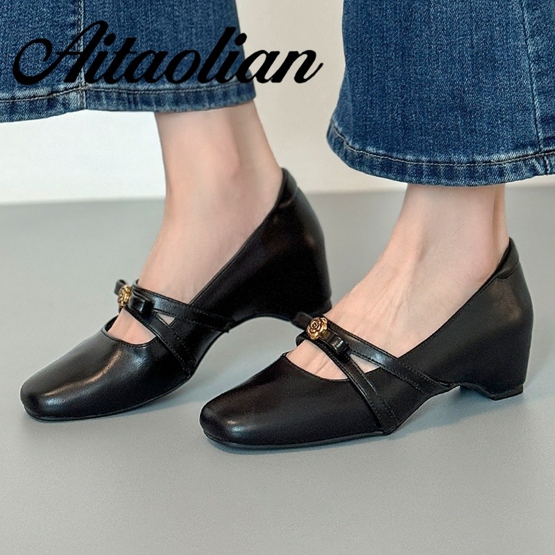 (Size 34-40) Giày Da Thật Cao Gót 4.5cm Nữ Mũi Vuông Phong Cách Anh Mary Jane Màu Đen