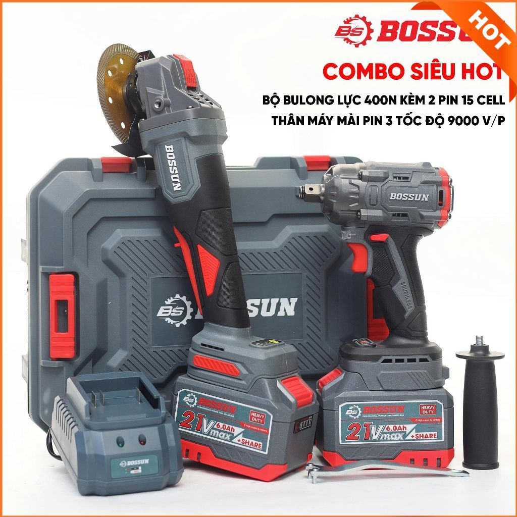COMBO MÁY SIẾT BULONG + MÁY MÀI PIN BOSSUN M21B-AG100PRO, KHÔNG CHỔI THAN, 2PIN 15CELL, HÀNG TỐT