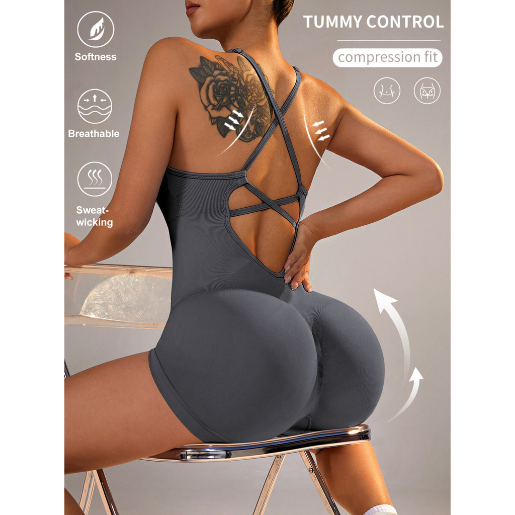 Bodysuit thể thao dây chéo hở lưng ôm body – Tập yoga, gym, Pilates nữ phong cách Âu Mỹ