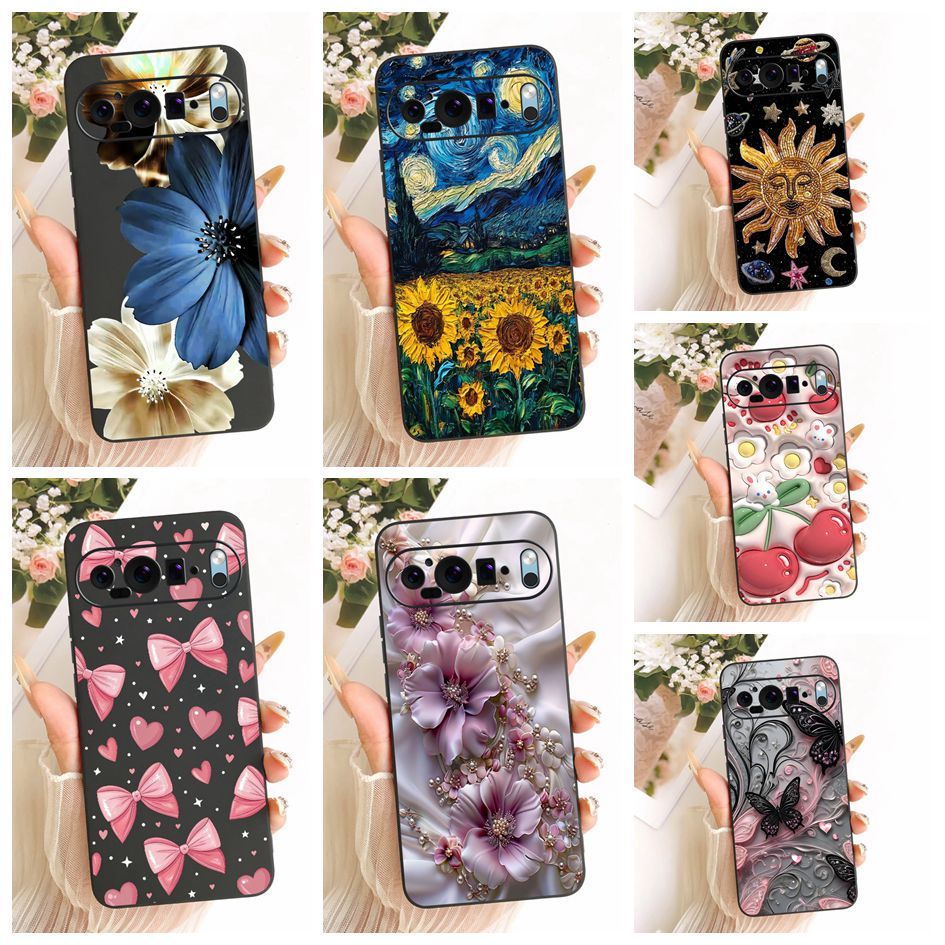 Vỏ Mới Cho Google Pixel 9 G2YBB / Pixel 9 Pro GR83Y Vỏ Hoa Hướng Dương Phổ Biến Nơ Mềm Màu Đen Silic
