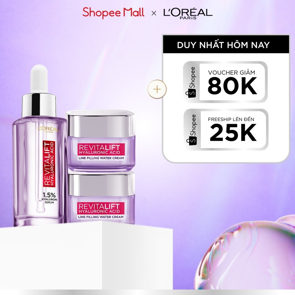 Bộ Serum 30ml và 2 kem dưỡng siêu cấp ẩm và giảm nếp nhăn 15ml x2 L'Oreal Paris Revitalift HA 1.5%