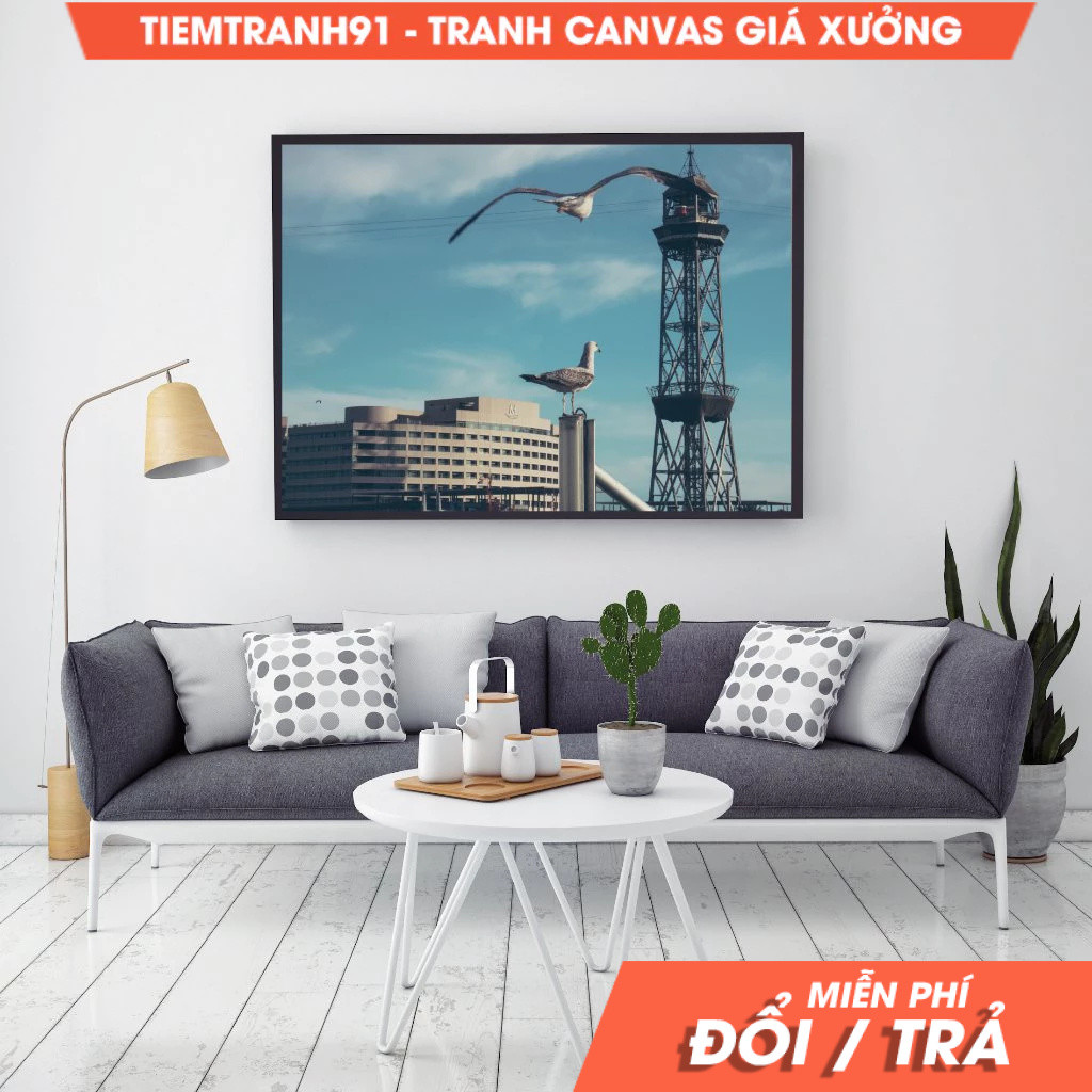 Tranh treo tường, Barcelona wall, Blue Sky Harbour, Seagulls Poster, skyline, Lighthouse Photography