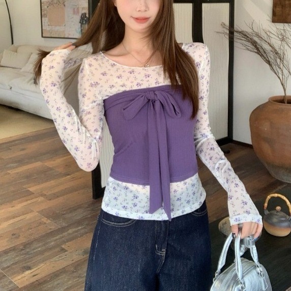 MR [Lưới + Cắt thường ngày] Áo Vest ống buộc nơ nữ mùa hè Bộ hai mảnh chống nắng hoa