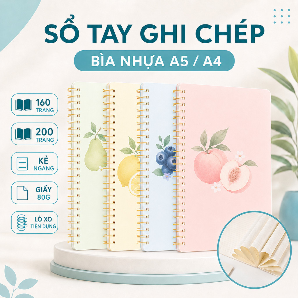 sổ lò xo 200 trang A4/A5-Sổ ghi chép 200 trang A4/A5- sổ tay ghi chép a4/a5  Màu Hoa Quả  Trang Kẻ N